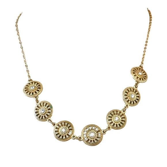 Vintage Style Gold Tone Sunburst Necklace with Rhinestones Adjustable 14-18" - Picture 2 of 7